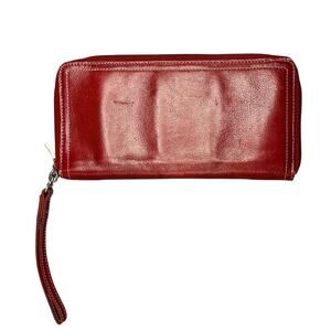 Fossil Red Leather Zip Around Travel Passport Organizer Wristlet Wallet Purse